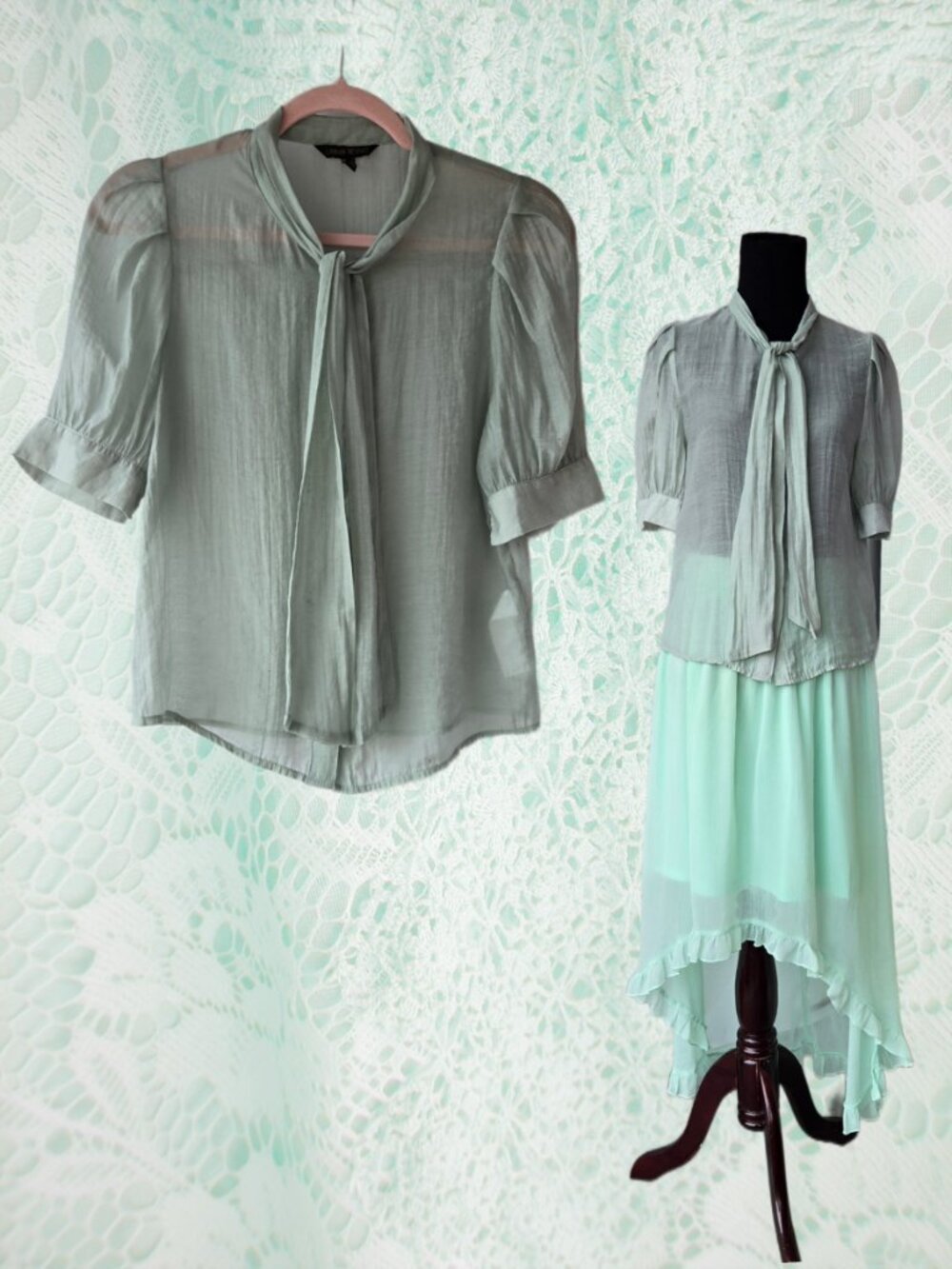 Urban Revivo Sheer Buttondown Light Sage Green Blouse Romantic Cottage Office